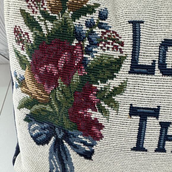 Vintage Tapestry Pillow Love Makes The World Go 'Round 80s Floral Design Cottage - Picture 2 of 5